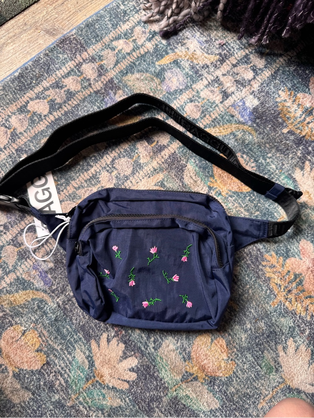 NWT BAGGU Navy Crossbody Embroidered Floral Belt Bag Fanny Pack
